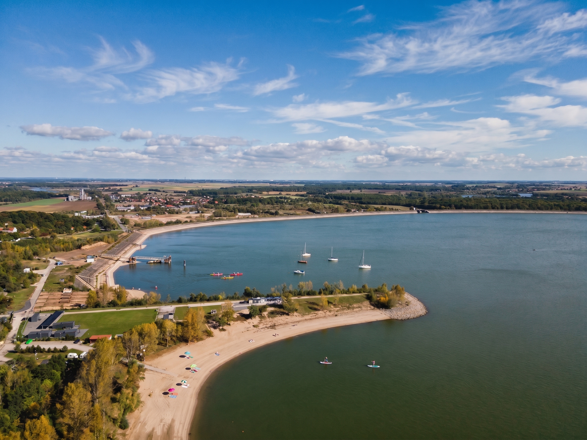 Widok z powietrza na Zalew Mietkowski: piaszczysta plaża z parasolami, paddleboardy i żaglówki na wodzie